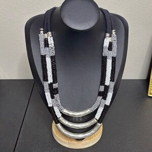 Chico’s Elegant Black Hammered Silver Tone Beaded Layered Necklace